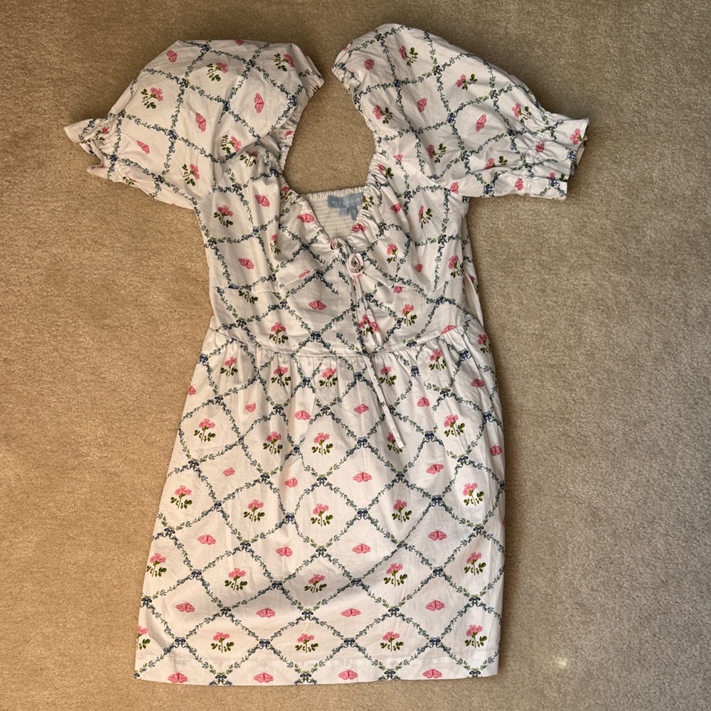 Hill House White Mini Dress with Pink & Blue Floral Lattice - Picture 4 of 15
